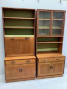 Two mid century teak side cabinets, each width 84cm, depth 46cm, height 198cm. Condition - fair