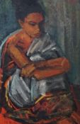 Maurice Man (1921-1997), oil on board, Study of a seated woman, 45 x 29cm. Condition - fair