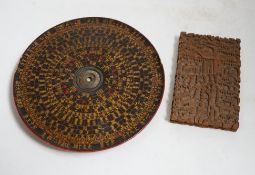 A Chinese sandalwood card case, carved with figures and Chinese Feng Shui lacquered compass, largest