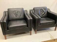 In the manner of Morgensen, a pair of black leatherette armchairs, width 92cm, depth 80cm, height
