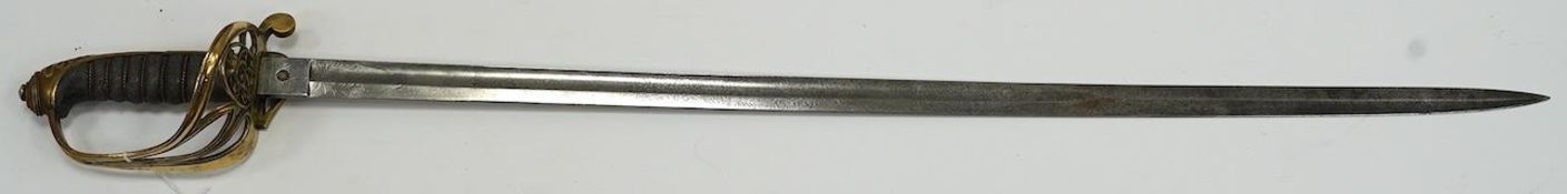 A Victorian 1845 pattern infantry officer’s sword, etched blade, regulation hilt, blade 81.5cm.
