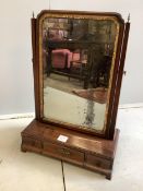 A George III mahogany box base swing frame three drawer toilet mirror, width 43cm, depth 19cm,