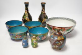 A Japanese Arita bowl and a quantity of Japanese and Chinese cloisonné enamel wares, tallest 17cm.