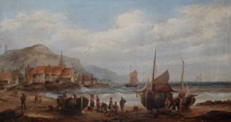 British School, 19th century, oil on canvas, Beach scene with figures, fishing boats, village and