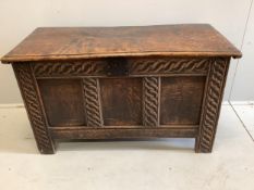 A 17th century panelled oak coffer, width 106cm, depth 48cm, height 61cm. Condition - fair