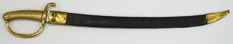 A French briquet cast D-shaped brass hilt in its brass mounted leather scabbard, blade 59.5cm.