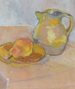 Gill Speirs, oil on canvas, still life of fruit and vessel, unsigned, 40 x 30cm unframed.