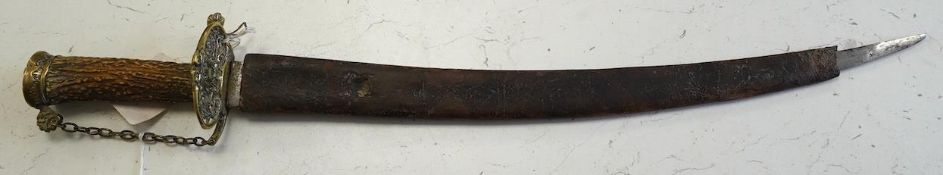 A William III English hunting hanger with pierced brass mounts, stag horn grip, blade struck with