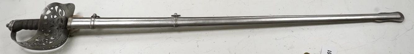 An 1895 pattern late Victorian infantry officer’s sword in its steel scabbard, made by E. Thurkle, 5