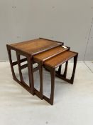 A nest of three mid century G Plan teak tea tables, width 53cm, depth 43cm, height 49cm. Condition -
