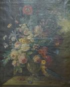 Josling, 19th century, oil on canvas, Still life of flowers in a vase with bird, signed, 79 x