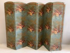 A machined tapestry six fold dressing screen decorated with pheasants, each panel width 49cm, height