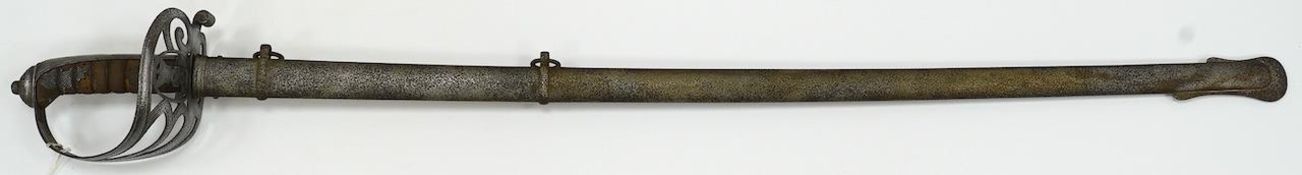 An 1827 pattern Victorian Rifle Officer’s sword, the blade etched with crowned VR and bugle,