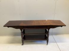 A Victorian mahogany drop flap three tier side table, width 89cm, depth 45cm, height 72cm. Condition