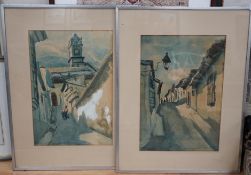 I Roa, pair of watercolours, Venezuela street scenes, indistinctly signed, 43 x 29cm. Condition -