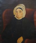 Early 19th century, English School, oil on canvas, Portrait of an elderly woman wearing a bonnet, 75