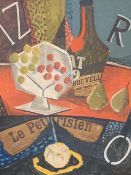 Cubist style, oil and mixed media on board, Still life of vessels and fruit, 59 x 45cm.
