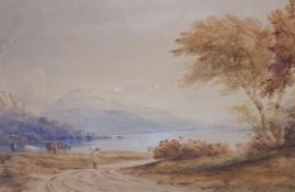 Circle of Copley Fielding (1787-1855), watercolour, Bala lake, North Wales with shepherd, cattle and