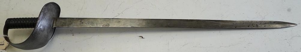 A naval boarding cutlass, blade with issue stamps, 1892, iron guard (pitted) and ribbed iron