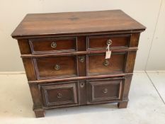 A small 18th century oak three drawer chest, width 89cm, depth 54cm, height 80cm. Condition - fair