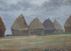 Charles des Anges, oil, Haystacks, signed with monogram and dated 1890, indistinct ink inscription