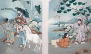 20th century Japanese School, reverse glass painted picture, Figures before landscapes, overall 39 x