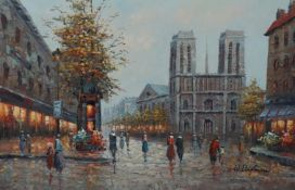 French, oil on canvas, Parisian street scene, indistinctly signed lower right, 59 x 90cm, gilt