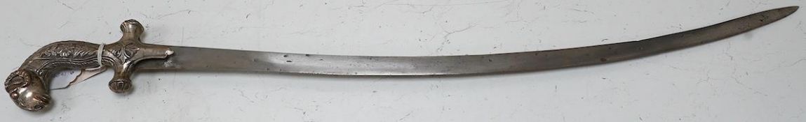 A decorative Indian sword, Shamshir hilt of embossed silver plated copper with a rams head pommel,