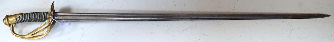 An 1854 Cuirassier's sword double fullered blade, blade faintly etched 1894? brass guard deformed,