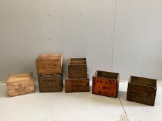 Seven vintage port, whisky and fruit crates, largest width 43cm, height 27cm. Condition - poor