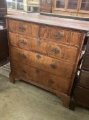 An 18th century oak and walnut chest, width 99cm, depth 54cm, height 102cm. Condition - poor