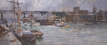 J.F. Muse, watercolour, 'Newcastle Bridges', signed and inscribed, 33 x 75cm. Condition - fair to