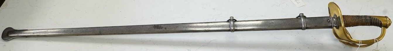 An 1854 French Curassier’s heavy cavalry trooper’s back sword with double fullered blade in its