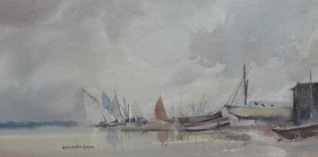 Sybil Mullen Glover (1908-1995), watercolour, Harbour view with moored boats, signed, 24 x 41cm.