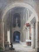 Charles Marie Bouton (French, 1781-1853), oil on board, Cathedral interior with kneeling figure,