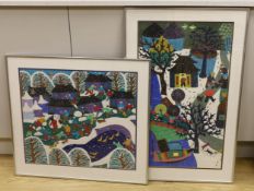 Chinese Jinshan School, two mixed medias, Winter landscapes with figures, largest 46 x 56cm.