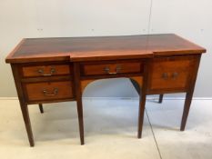 A George III and later satinwood banded mahogany breakfront sideboard, width 155cm, depth 63cm,