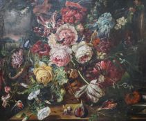 17th century Dutch style, oil on canvas, Still life of roses before a classical landscape, unsigned,