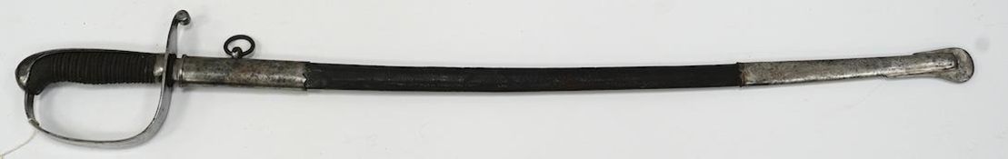 A Dutch police officer’s sword, D-shaped iron guard in its steel mounted leather scabbard, blade