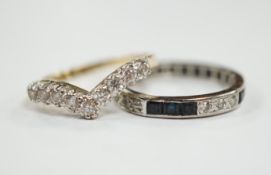 A white metal sapphire and diamond set full eternity ring, size Q/R, gross weight 3.6 grams,