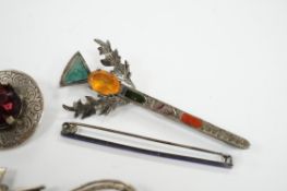 A 1950's Scottish silver, gem and Scottish hardstone set brooch, 91mm, together with six other