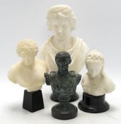 An alabaster bust of Anthony, a larger marble bust, a Parian bust on stand of a girl and a bronze