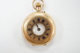 An Edwardian 12ct gold half hunter fob watch, with Arabic dial and Roman chapter ring, gross