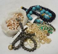A quantity of assorted mainly costume jewellery etc., including blue quartz? necklace, cultured