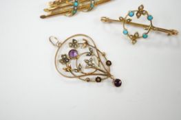 An Edwardian 15ct, turquoise and seed pearl set brooch, 38mm, one other similar yellow metal