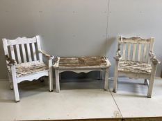 A pair of painted teak garden elbow chairs, width 68cm, depth 56cm, height 90cm and a rectangular