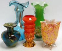 Five ornamental coloured vases, including a Mdina Tiger vase and a Viking vase, tallest 25cm high.