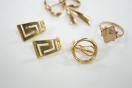 A pair of 14k earrings, 18mm, 3.4 grams and four 9ct items including an earring, two rings and a