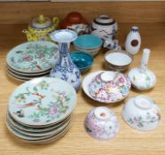 A group oriental ceramics including Chinese famille rose plates, various tea bowls, a teapot,