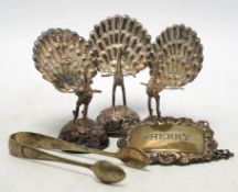 Sundry small silver including cased sets and loose flatware, condiments, a white metal tea